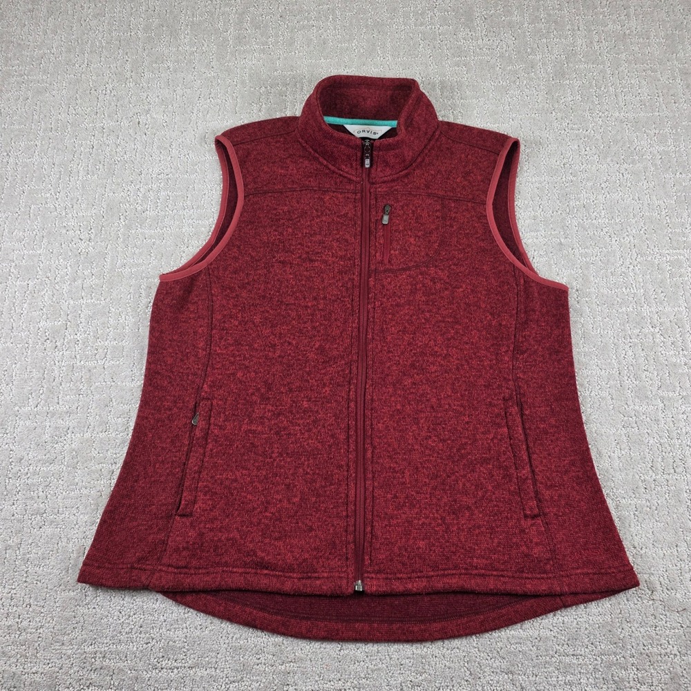 Orvis Womens XL Burnt Orange Heathered Sweater Fleece Full Zip Vest Pockets Fall